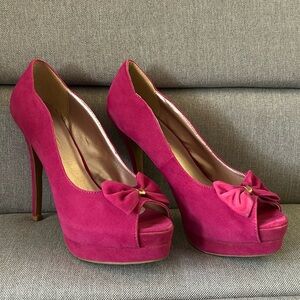 C. LABEL - Pink Peep-Toe Stilettos with Bow - 8.5